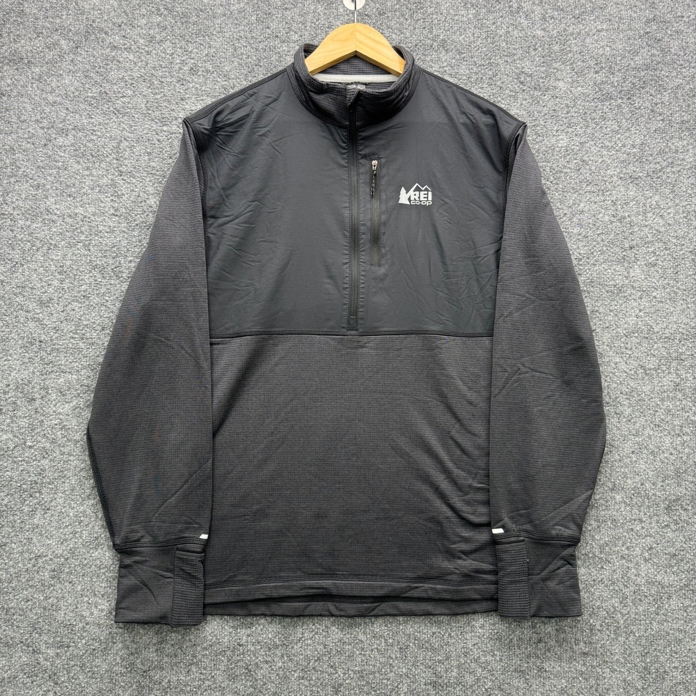REI Co-op 1/4 Zip Pullover Mens Large Black Long Sleeve Grid Fleece Outdoor